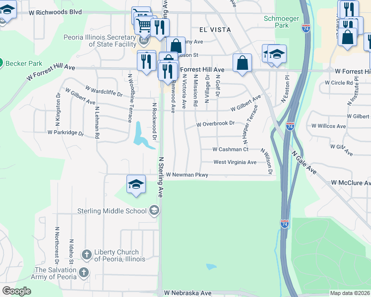 map of restaurants, bars, coffee shops, grocery stores, and more near 2625 North Victoria Avenue in Peoria