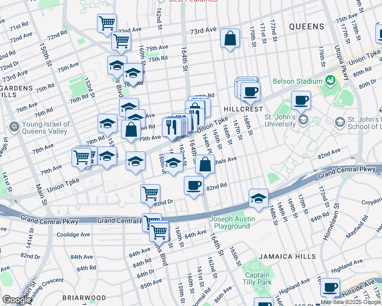 map of restaurants, bars, coffee shops, grocery stores, and more near 80-46 164th Street in Queens