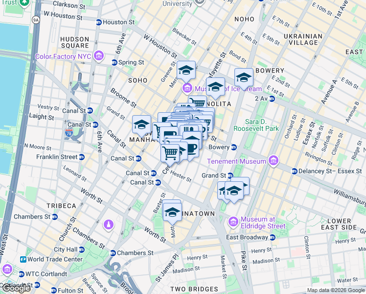 map of restaurants, bars, coffee shops, grocery stores, and more near 240 Centre Street in New York