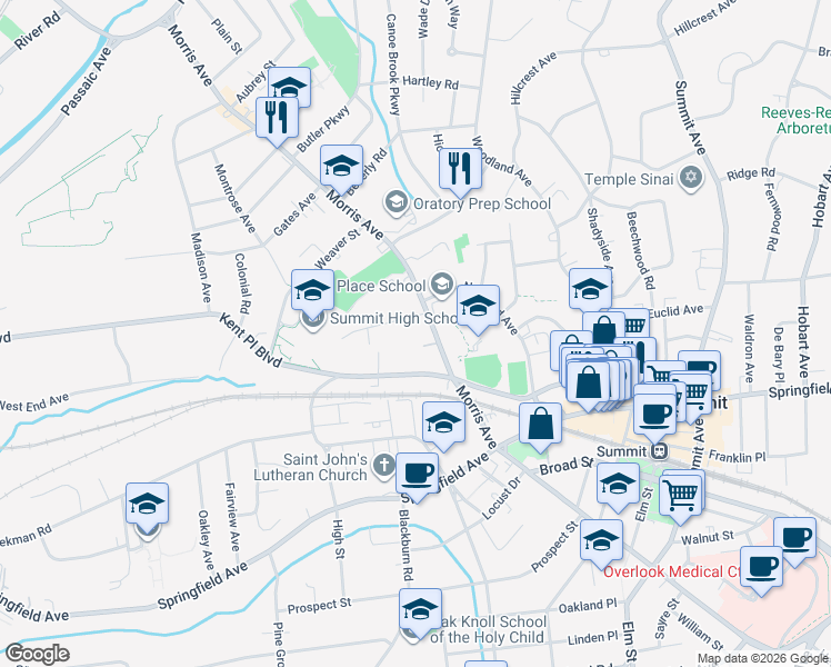 map of restaurants, bars, coffee shops, grocery stores, and more near 390 Morris Avenue in Summit