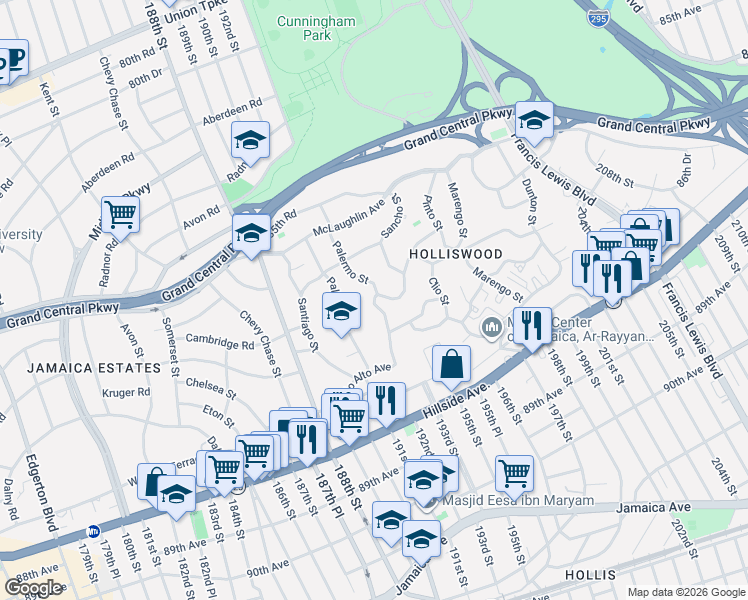 map of restaurants, bars, coffee shops, grocery stores, and more near Palermo Street in Queens