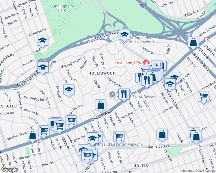 map of restaurants, bars, coffee shops, grocery stores, and more near 196-38 Pompeii Road in Queens