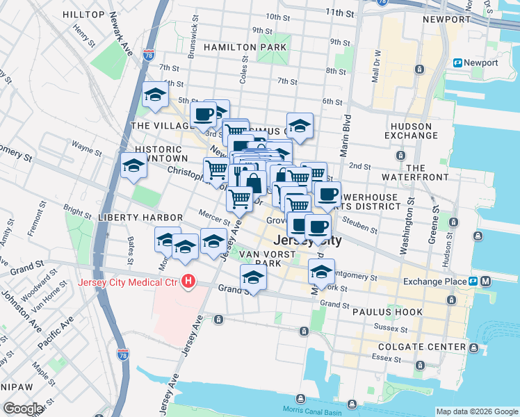 map of restaurants, bars, coffee shops, grocery stores, and more near 524 Jersey Avenue in Jersey City