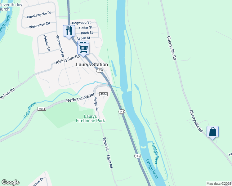 map of restaurants, bars, coffee shops, grocery stores, and more near 5355 Pennsylvania 145 in Laurys Station