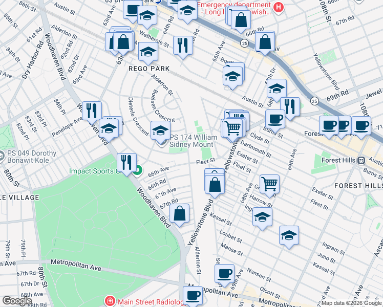 map of restaurants, bars, coffee shops, grocery stores, and more near 65-31 Alderton Street in Queens