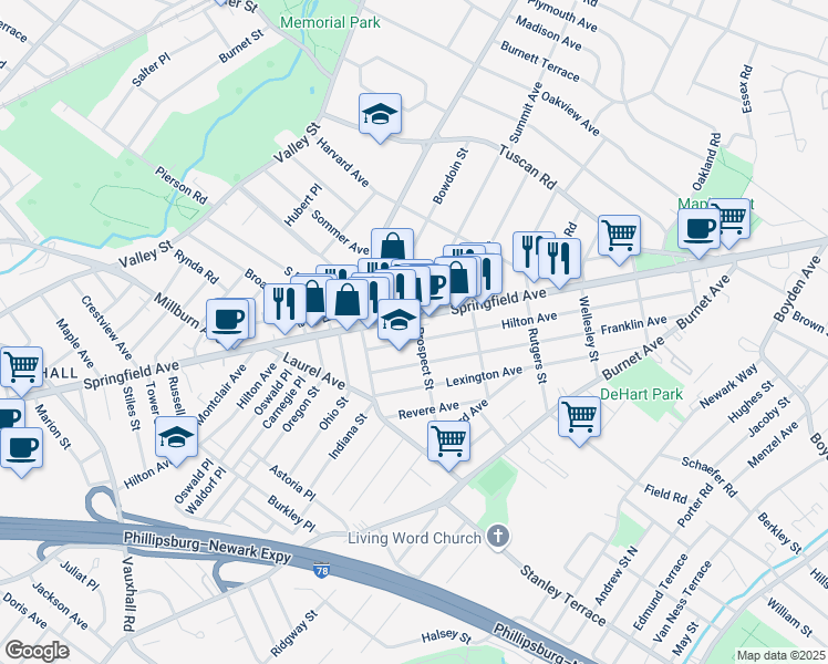 map of restaurants, bars, coffee shops, grocery stores, and more near 1901 New Jersey 124 in Maplewood