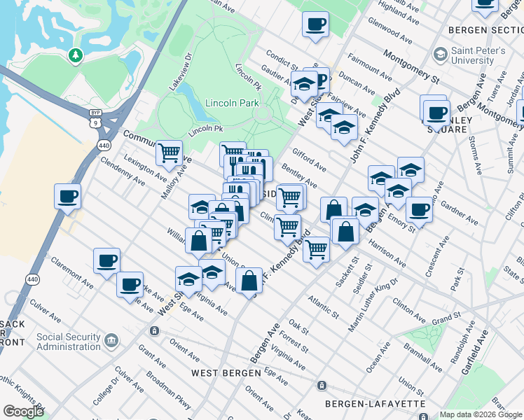map of restaurants, bars, coffee shops, grocery stores, and more near 785 Communipaw Avenue in Jersey City