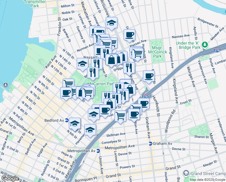 map of restaurants, bars, coffee shops, grocery stores, and more near 776 Lorimer Street in Brooklyn