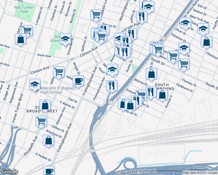 map of restaurants, bars, coffee shops, grocery stores, and more near 1205 Broad Street in Newark