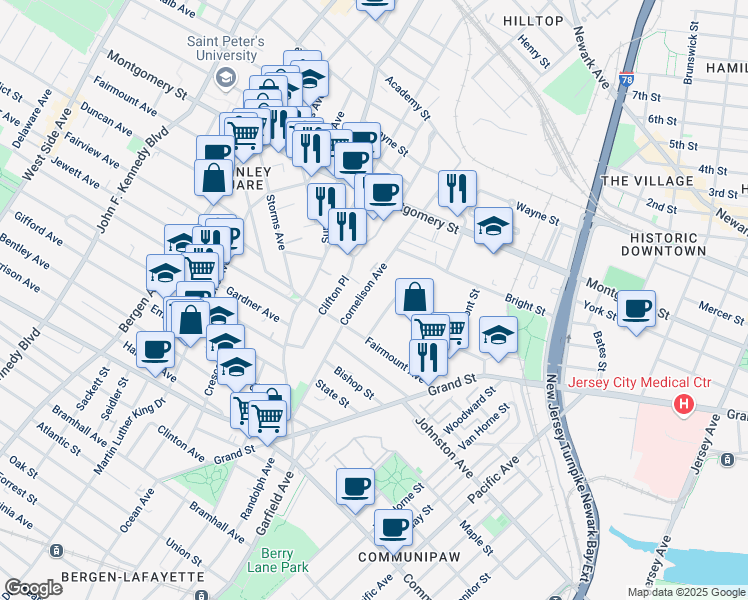 map of restaurants, bars, coffee shops, grocery stores, and more near 128 Cornelison Avenue in Jersey City