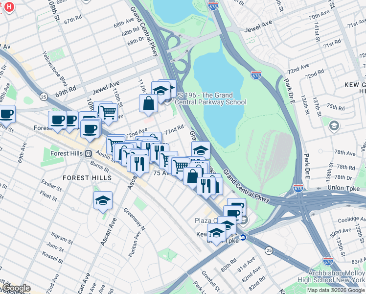 map of restaurants, bars, coffee shops, grocery stores, and more near 113th Street in Queens