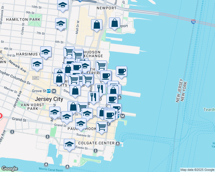 map of restaurants, bars, coffee shops, grocery stores, and more near 21 2nd Street in Jersey City