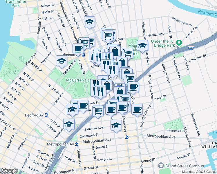 map of restaurants, bars, coffee shops, grocery stores, and more near 132 Newton Street in Brooklyn