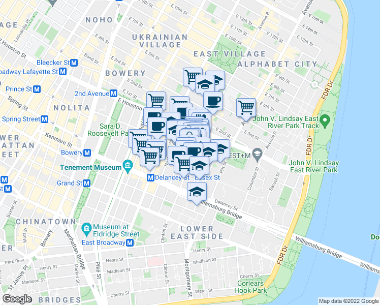 map of restaurants, bars, coffee shops, grocery stores, and more near 161 Stanton Street in New York
