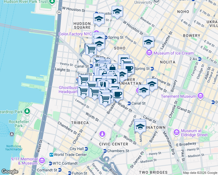 map of restaurants, bars, coffee shops, grocery stores, and more near 33 Lispenard Street in New York