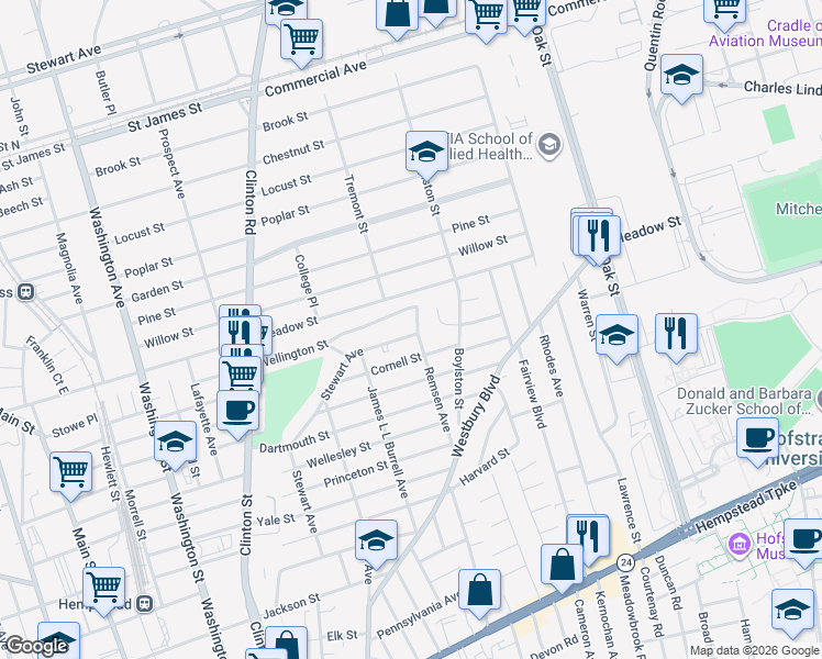 map of restaurants, bars, coffee shops, grocery stores, and more near 114 Remsen Avenue in Hempstead