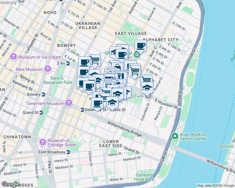 map of restaurants, bars, coffee shops, grocery stores, and more near 148 Attorney Street in New York