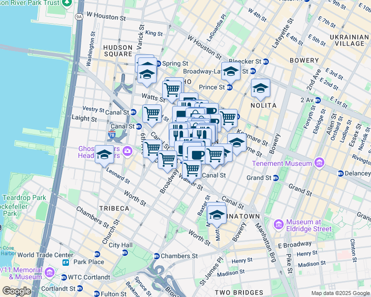 map of restaurants, bars, coffee shops, grocery stores, and more near in New York