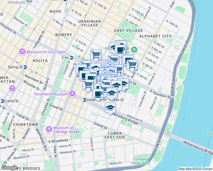 map of restaurants, bars, coffee shops, grocery stores, and more near 25 Clinton Street in New York