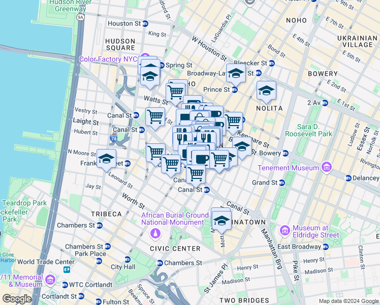 map of restaurants, bars, coffee shops, grocery stores, and more near 433 Broadway in New York