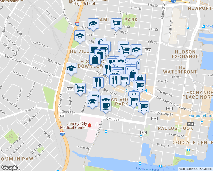 map of restaurants, bars, coffee shops, grocery stores, and more near 135 Wayne Street in Jersey City