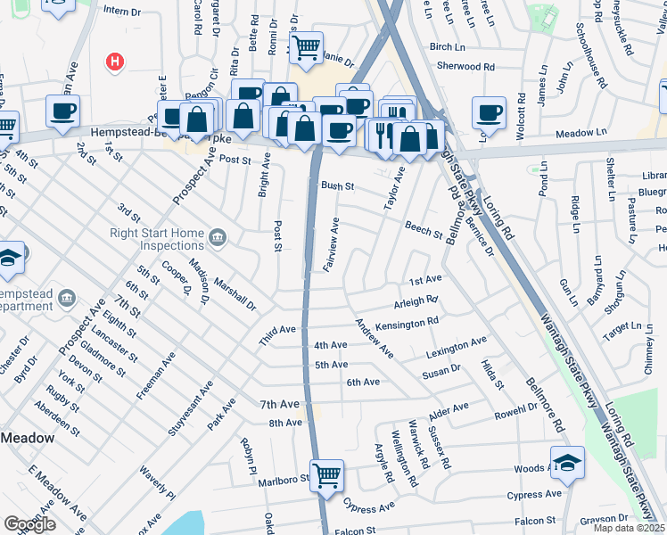 map of restaurants, bars, coffee shops, grocery stores, and more near 139 Fairview Avenue in East Meadow