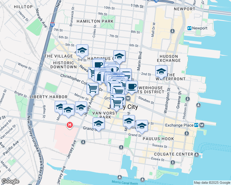 map of restaurants, bars, coffee shops, grocery stores, and more near 246 Bay Street in Jersey City