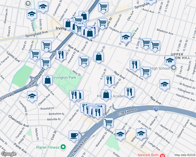 map of restaurants, bars, coffee shops, grocery stores, and more near 669 S 21st St in Irvington