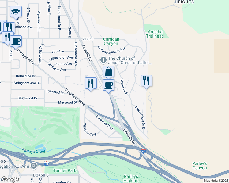 map of restaurants, bars, coffee shops, grocery stores, and more near 2363 Foothill Drive in Salt Lake City