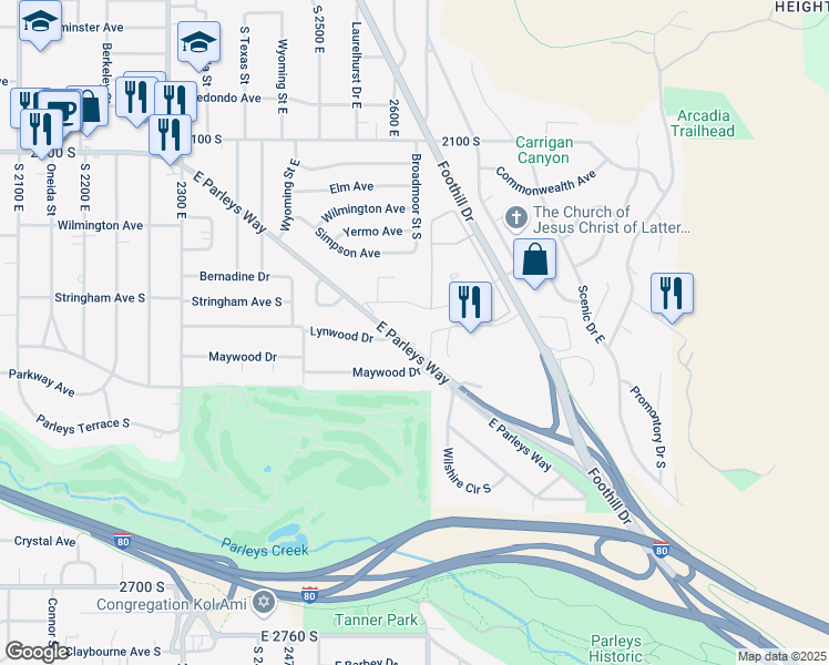 map of restaurants, bars, coffee shops, grocery stores, and more near 2645 East Parleys Way in Salt Lake City