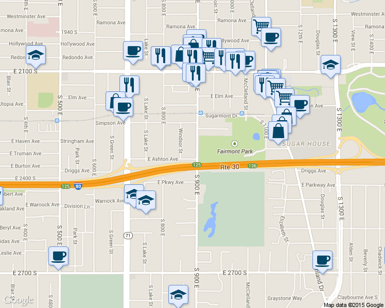 map of restaurants, bars, coffee shops, grocery stores, and more near 2320 900 East in Salt Lake City