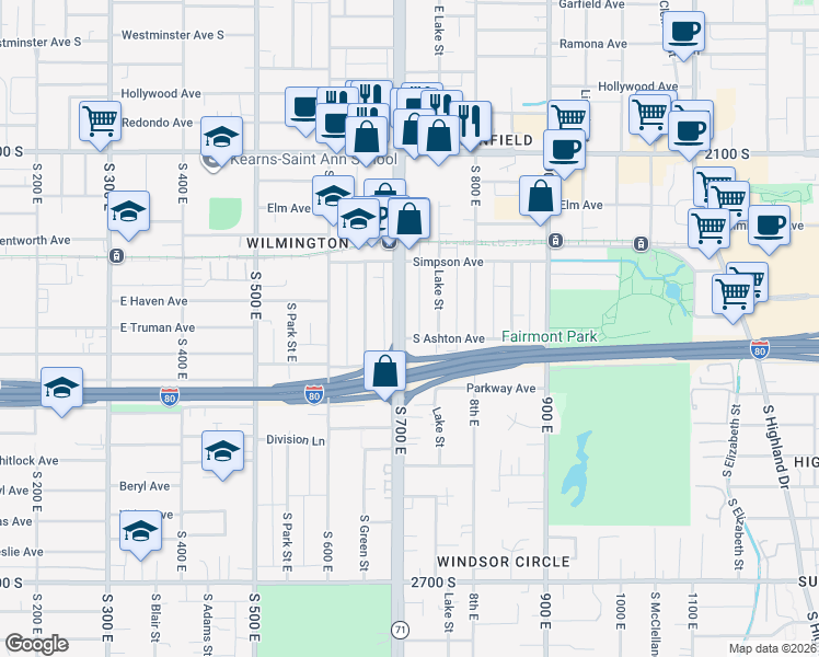 map of restaurants, bars, coffee shops, grocery stores, and more near 2306 South 700 East in Salt Lake City