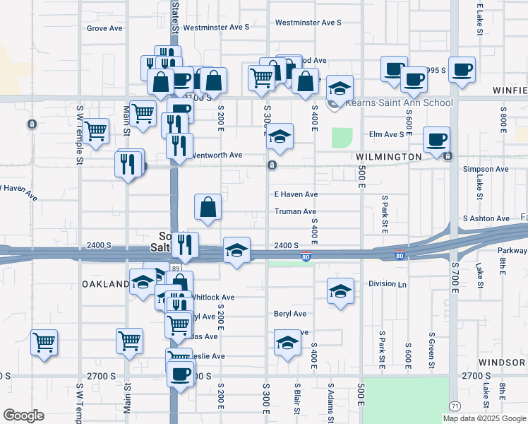 map of restaurants, bars, coffee shops, grocery stores, and more near 259 East Truman Avenue in South Salt Lake