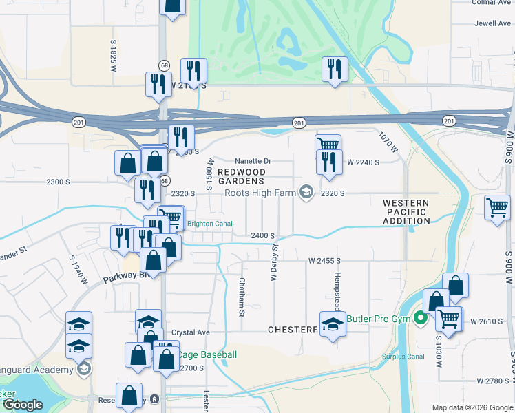 map of restaurants, bars, coffee shops, grocery stores, and more near 2336 South 1440 West in West Valley City