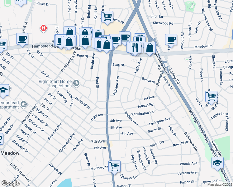 map of restaurants, bars, coffee shops, grocery stores, and more near 139 Fairview Avenue in East Meadow