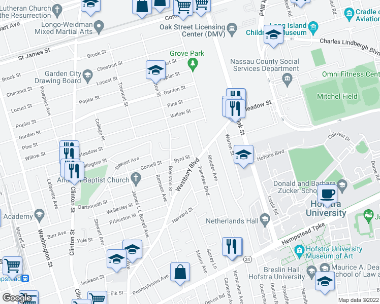 map of restaurants, bars, coffee shops, grocery stores, and more near 42 Roosevelt Street in Hempstead