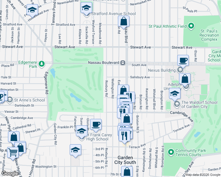 map of restaurants, bars, coffee shops, grocery stores, and more near 37 Roxbury Road in Garden City