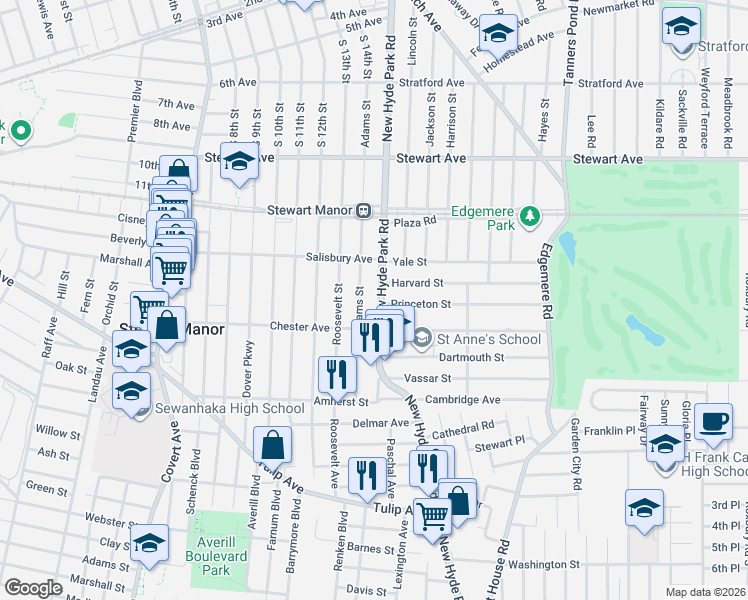 map of restaurants, bars, coffee shops, grocery stores, and more near 116 New Hyde Park Road in Garden City