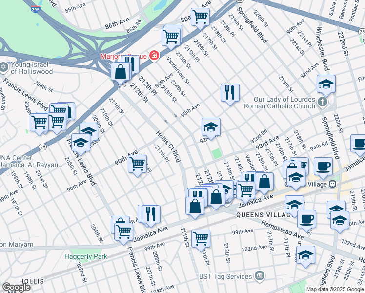 map of restaurants, bars, coffee shops, grocery stores, and more near 91-1 212th Street in Queens