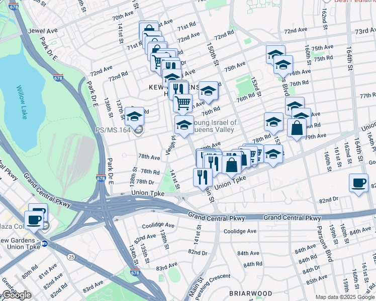 map of restaurants, bars, coffee shops, grocery stores, and more near 141-25 Vleigh Place in Queens