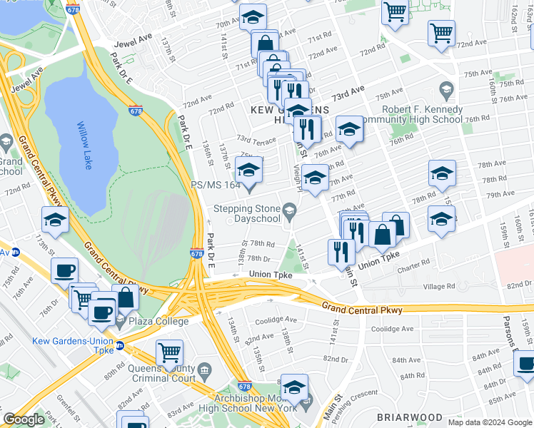 map of restaurants, bars, coffee shops, grocery stores, and more near 138-24 77th Avenue in Queens
