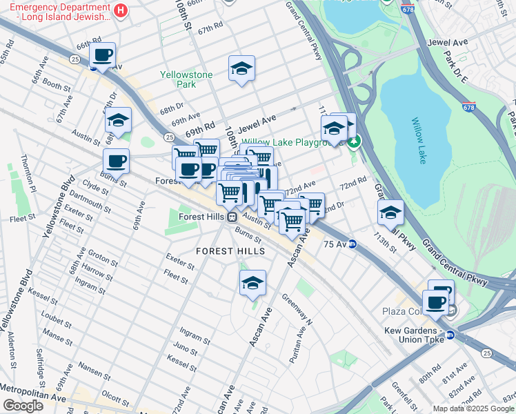 map of restaurants, bars, coffee shops, grocery stores, and more near 107-23 71st Road in Queens