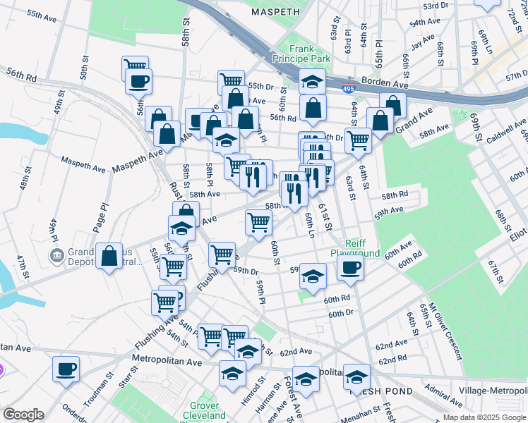 map of restaurants, bars, coffee shops, grocery stores, and more near 58-91 Grand Avenue in Queens