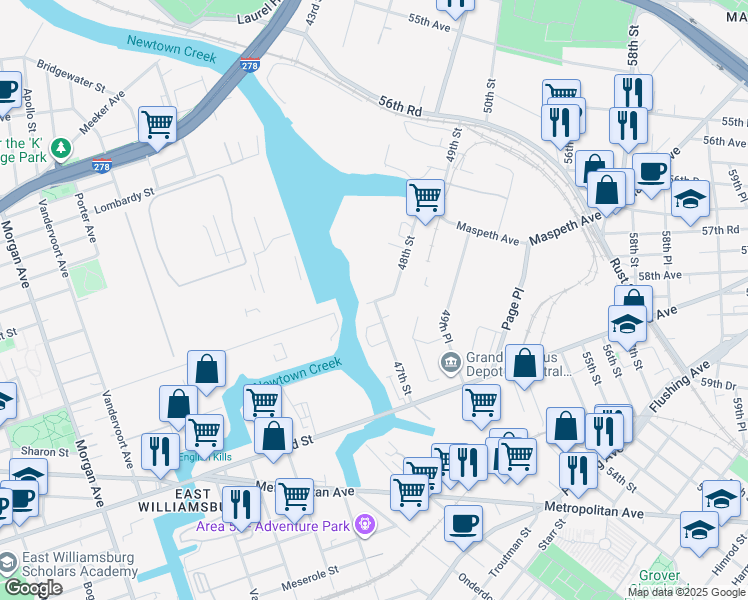 map of restaurants, bars, coffee shops, grocery stores, and more near in Queens