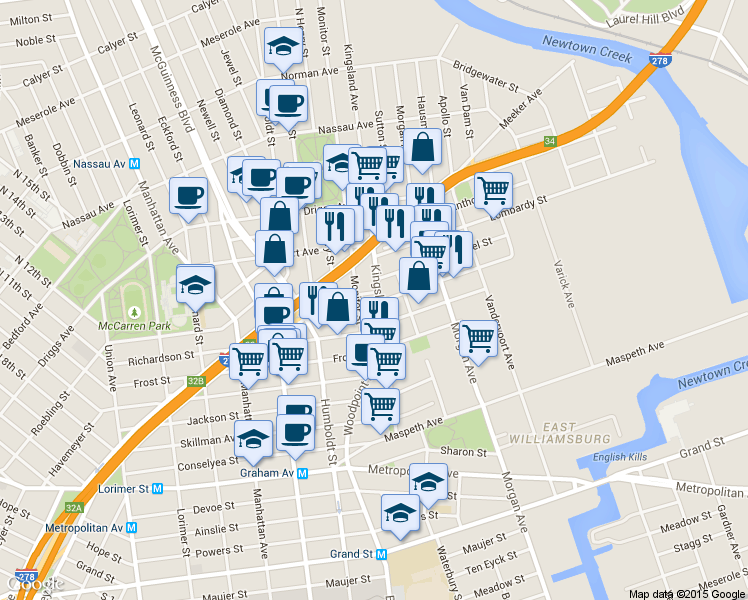 map of restaurants, bars, coffee shops, grocery stores, and more near 117 Kingsland Avenue in Brooklyn