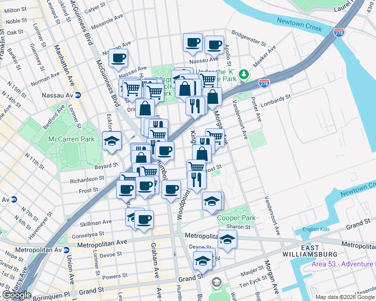 map of restaurants, bars, coffee shops, grocery stores, and more near 117 Kingsland Avenue in Brooklyn
