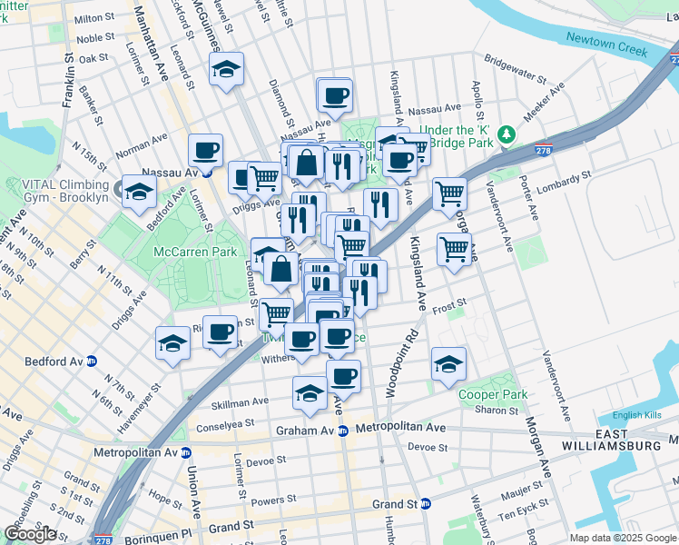 map of restaurants, bars, coffee shops, grocery stores, and more near in Brooklyn