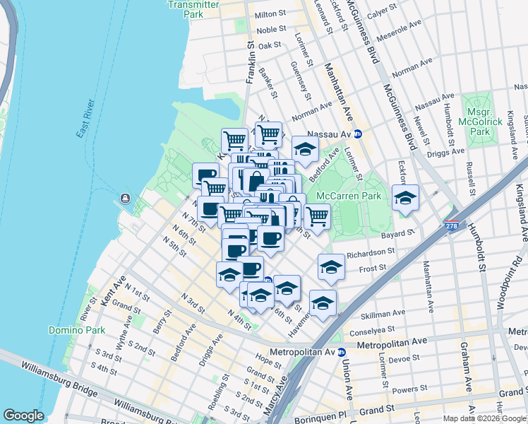 map of restaurants, bars, coffee shops, grocery stores, and more near 135 North 11th Street in Brooklyn