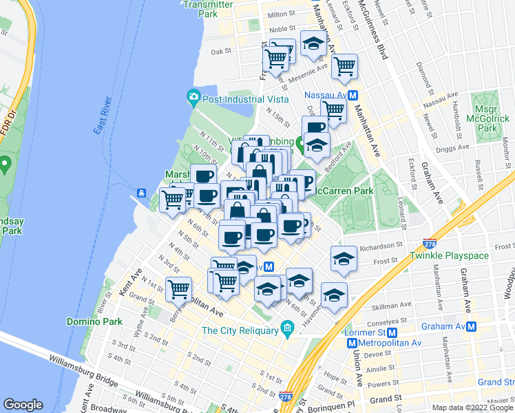 map of restaurants, bars, coffee shops, grocery stores, and more near 111 North 10th Street in Brooklyn