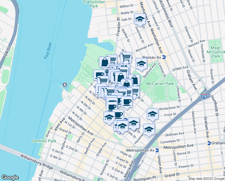 map of restaurants, bars, coffee shops, grocery stores, and more near 111 North 10th Street in Brooklyn